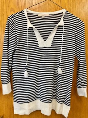 LOFT Black & White Striped Knit Tassel Sweater, XS, lightweight.